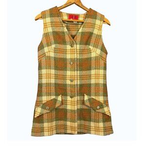 Vintage 1960s Mr. Leonard Wool Vest Green Orange Plaid Sleeveless Button Front